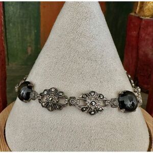 Vintage Sterling Silver Marcasite & Onyx Cabochon Link Bracelet Art Deco Style